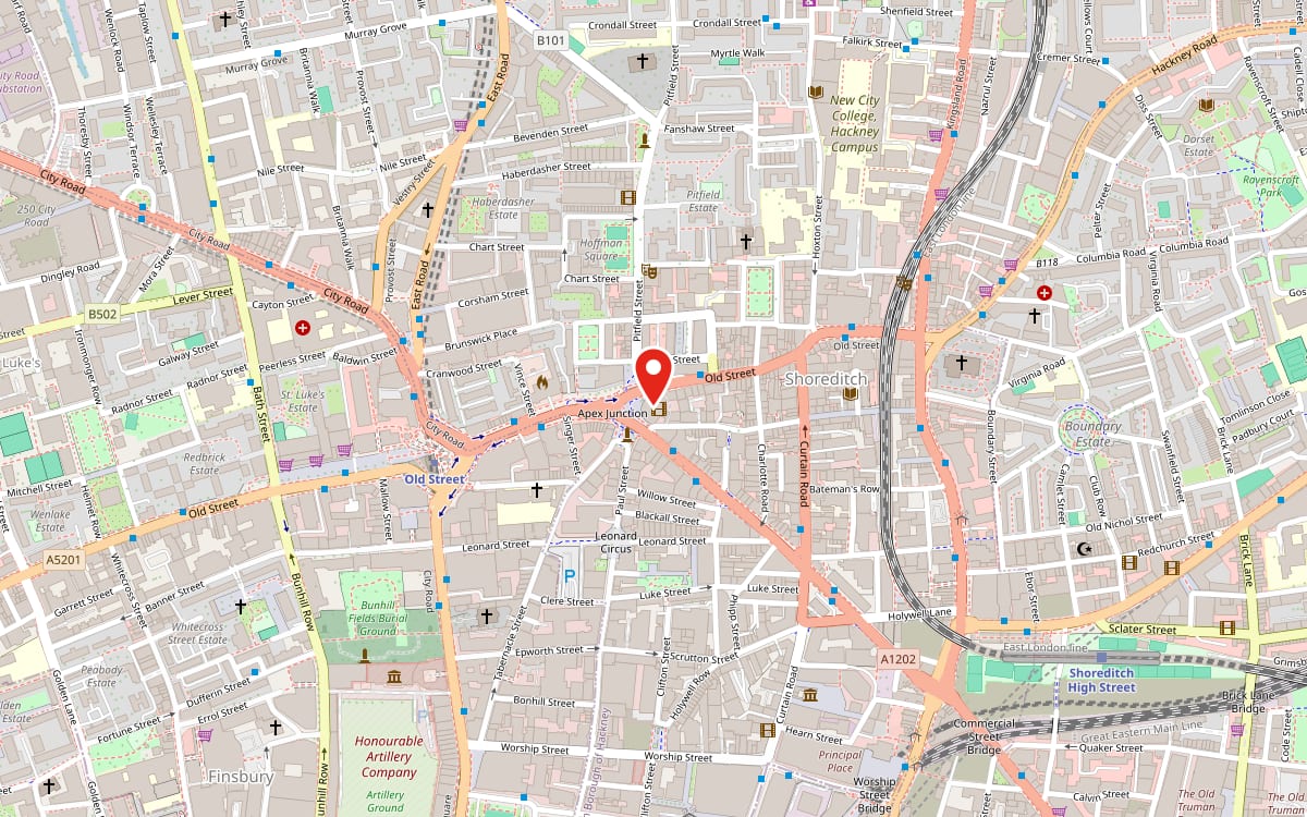 Map of the streets around art’otel London Hoxton, Shoreditch, with the venue pinned.