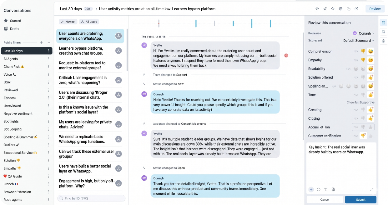 A support-conversation screenshot from the admin interviews — the visible tip of an invisible pattern