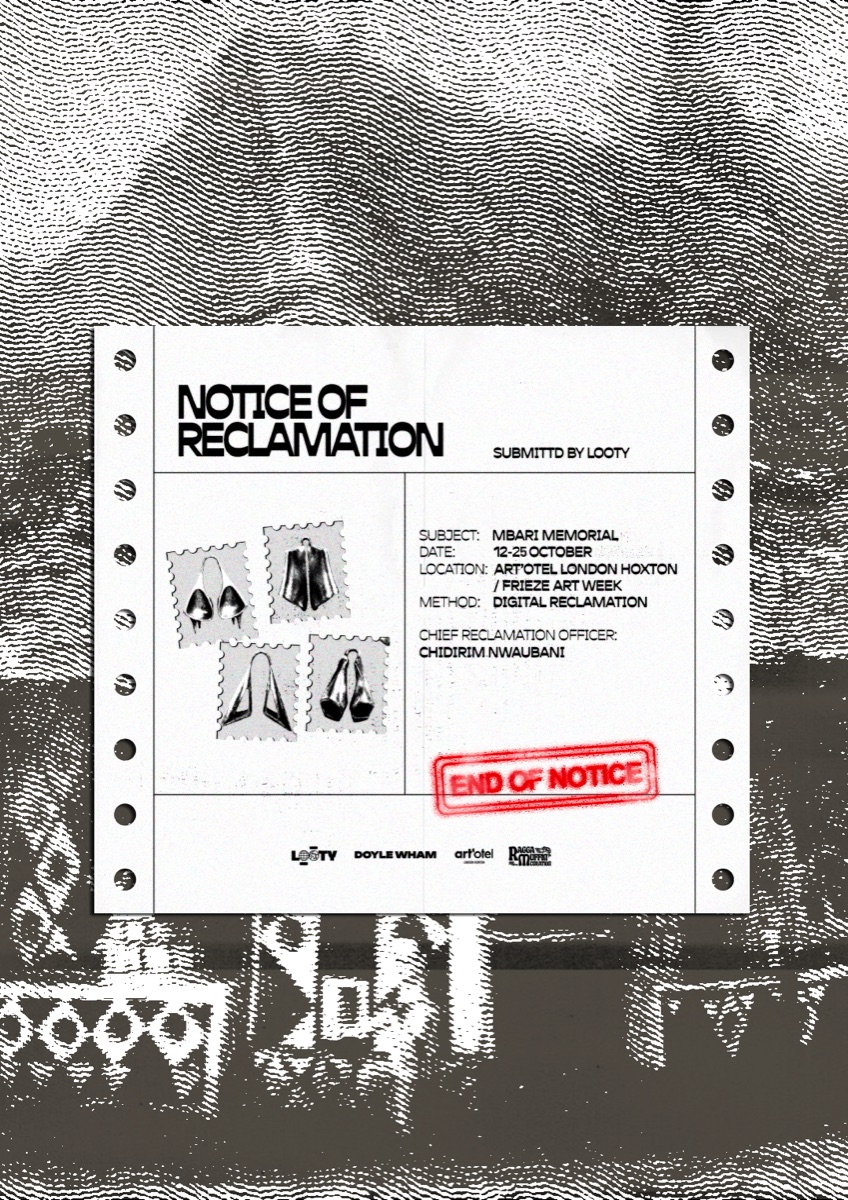 Notice of Reclamation — the poster. Bronze ogene sculptures as stamps on a continuous-feed printout.